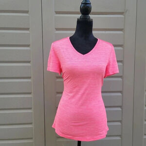 Tee Shirt womens L (12-14) polyester Semi Fitted Danskin Now Neon Pink Mesh Vent